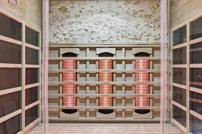 Private infrared sauna with warm wood tones and a spa-like ambiance
