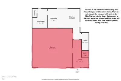 The area in red is not accessible if renting the studio separate from the main home. Both doors to the main home will be locked off by both sides by management. The area in white is the space you will have access to during your stay.