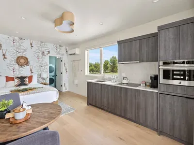 Bright modern studio with sleek kitchenette and cozy designer touches