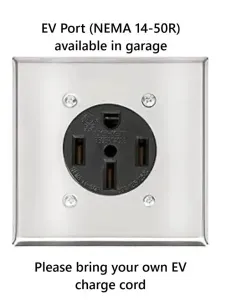 Two car garage available for guest use along with 2 additional parking spaces on driveway to accommodate up to 4 guest vehicles total. There is an EV plug (NEMA 14-50R) available for guest use, but please bring your own charging cord!