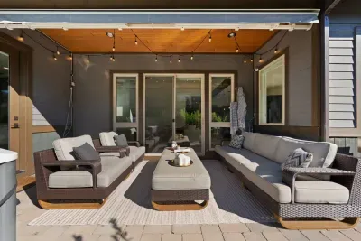 Patio: Large salt water hot tub (professionally cleaned and maintained between each stay), propane firepit, comfortable outdoor seating, BBQ, cafe lights. Please note this is an unfenced patio. Opens to large grassy yard.