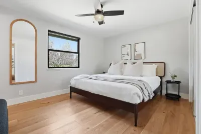 Bright modern king bedroom with hardwood floors and ceiling fan