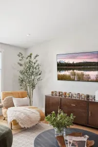 Bright living nook with plush lounge chair, TV, and modern decor