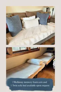 Flexible sleeping options with a twin sofa bed and 2 rollaway cots