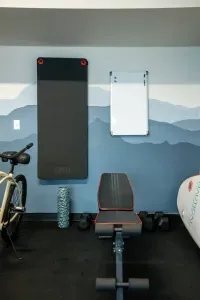 The wellness center has so many things to enjoy: cruiser bikes, treadmill, free weights and bench, two paddleboards, bluetooth speaker, tesla universal charger, and of course the incredible sauna and cold plunge!