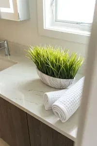 Primary bathroom: Luxury is the best way to describe this room. Curbless, walk-in shower framed with custom glass, heated floors throughout, dual sink and smart mirror with settings for daylight, makeup, or natural lighting, and private toilet room