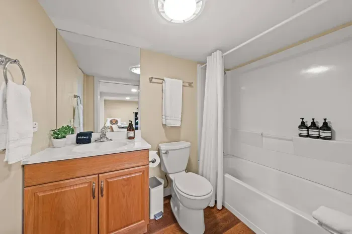 Bright full bathroom with tub-shower combo and spacious vanity
