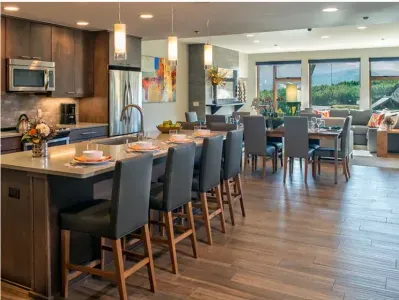 Main living space- living, dining, fireplace, sofa bed and bathroom attached to the Main Bed and Bathroom.