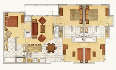 Sample floorplan of a three-bedroom condo at Peak 7 in Breckenridge.