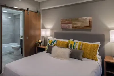 Main en suite bedroom, connects to the living space.