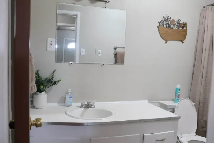 Bathroom vanity with wide counter space and large mirror.