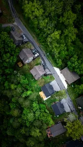 Aerial view over the houses on the street