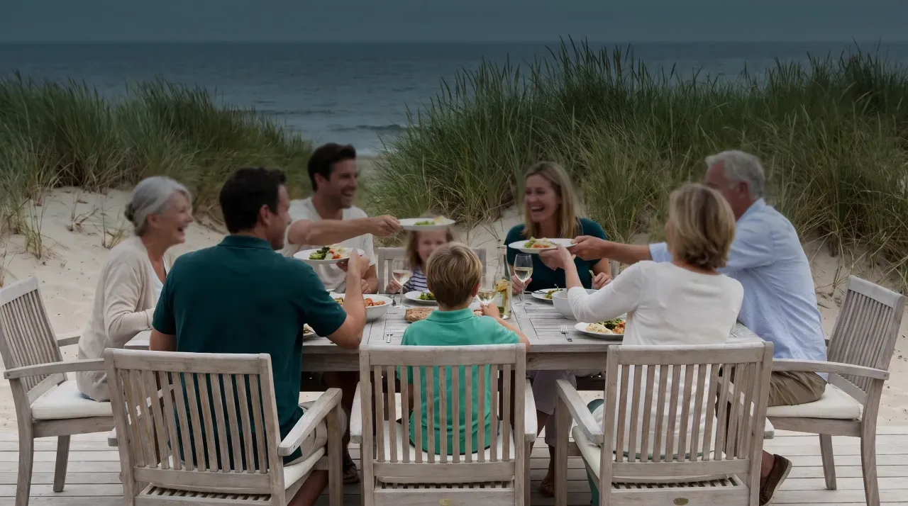 Family dining outdoors at a beachside retreat
