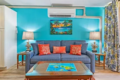 Split A/C in main room. Blackout curtains for those on the sleeper sofa.