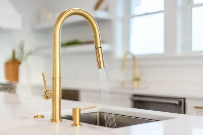 A sleek and modern gold fixture faucet adds a touch of elegance and luxury to this stylish space.