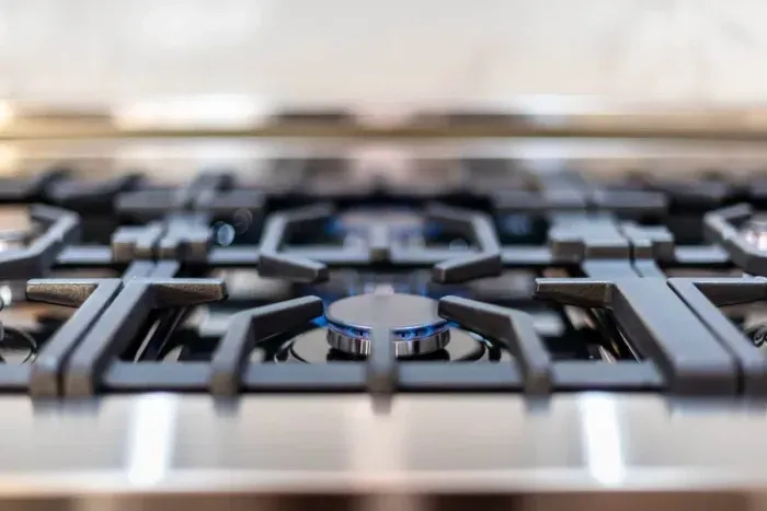 A sleek, modern gas range with stainless steel finishes offers precision cooking and a sophisticated touch to the kitchen.