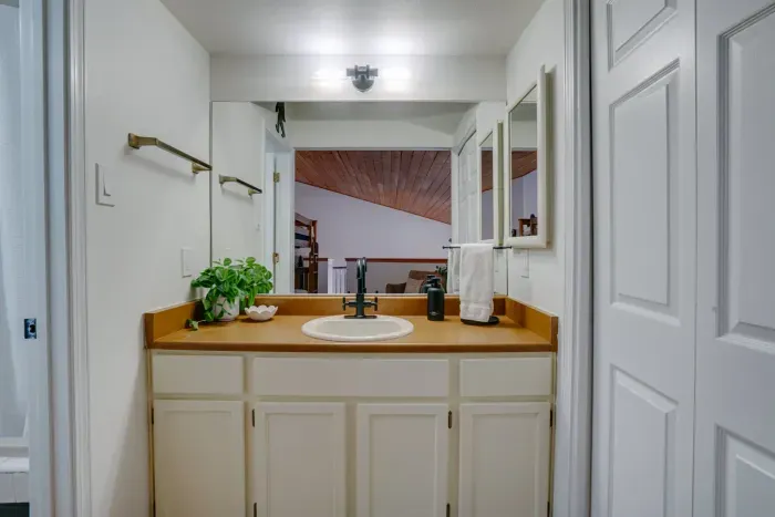 A polished and inviting bathroom offering plenty of counter space and fresh mountain-inspired design.