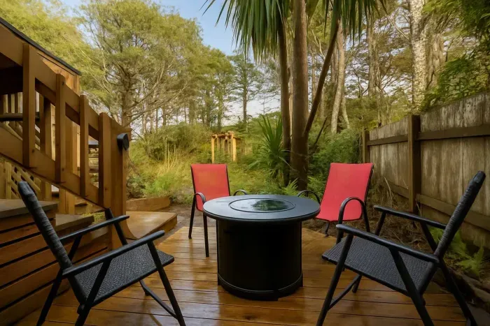 Well-maintained backyard with a variety of trees and shrubs for a natural, private setting.