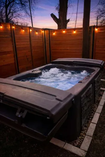 Soak and unwind in the bubbling hot tub under a peaceful twilight sky.