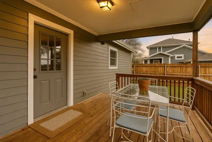 Step out to a covered back porch with a dining table and fenced yard, ideal for outdoor meals or relaxing in any weather.