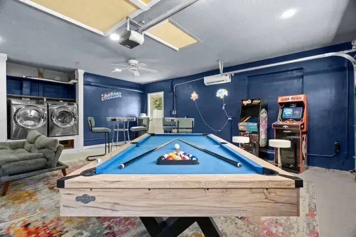 A sleek and stylish pool table perfect for friendly games and competition.