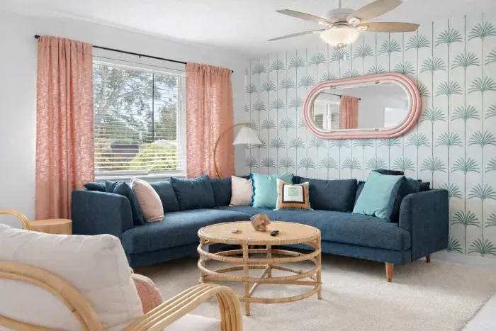 Cozy lounge area with large windows.