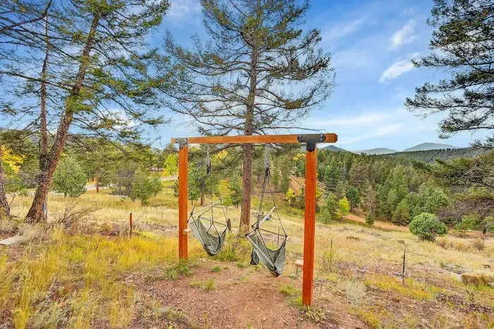 Peaceful outdoor swing area surrounded by pine trees, ideal for kids or quiet reading time.