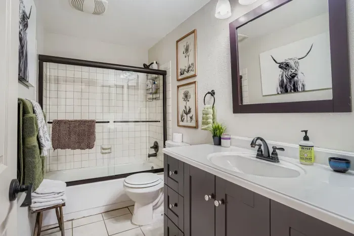 Modern full bathroom with upgraded fixtures and mountain charm.