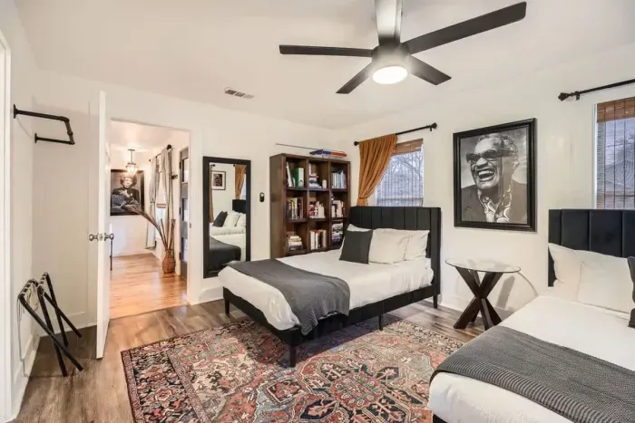 Serene bedroom with calming colors and thoughtfully chosen furnishings.