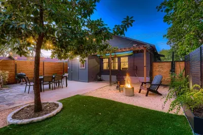 Twilight view of the backyard pool perfect for winding down.
