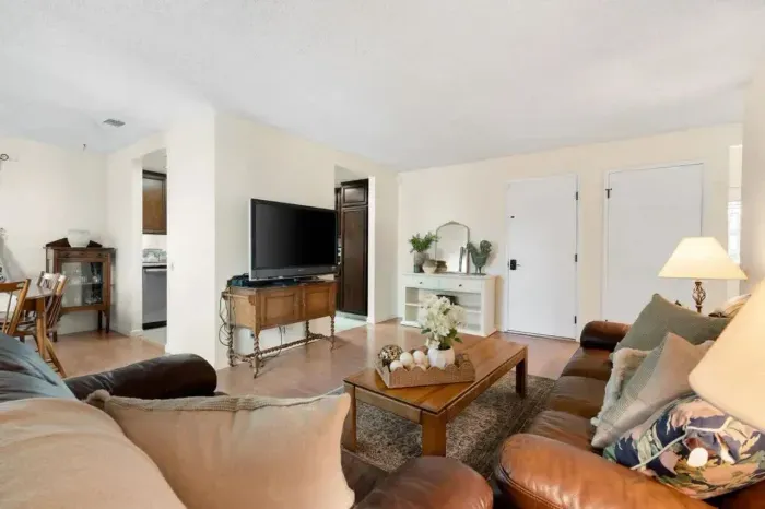 Spacious seating and entertainment setup for relaxing evenings.