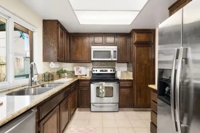 Modern appliances, ample counter space, and everything needed to cook with ease.
