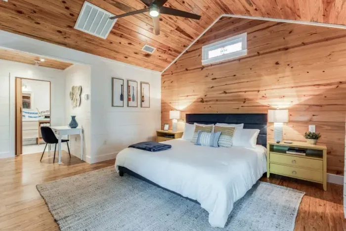 Functional and stylish bedroom with a desk for remote work or study