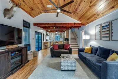 Inviting living room with warm wood accents and comfortable seating.