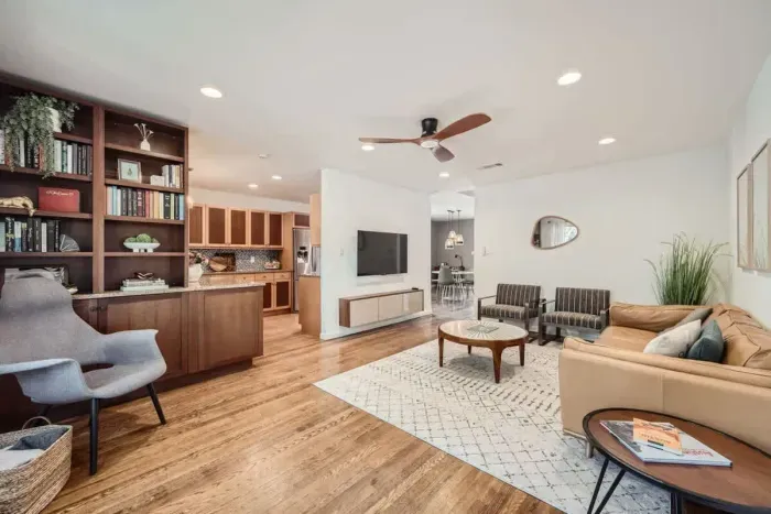 Spacious living area with comfortable couches, perfect for gathering with friends and family.