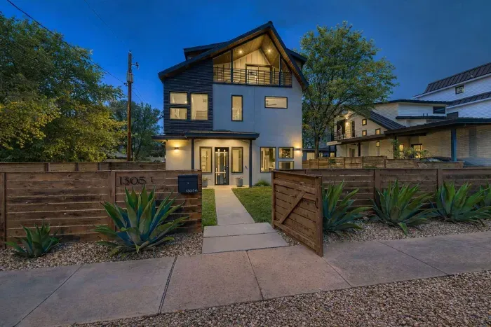 Modern exterior with warm evening lighting