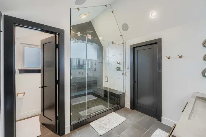 Modern bathroom with glass shower.