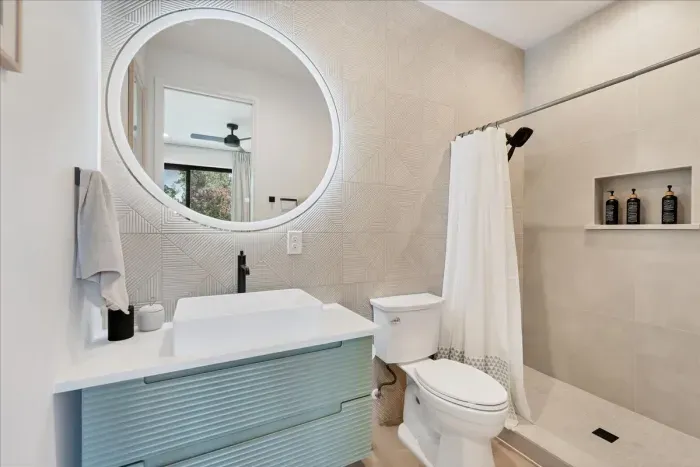 Enjoy a refreshing morning routine in a bright, beautifully designed space.