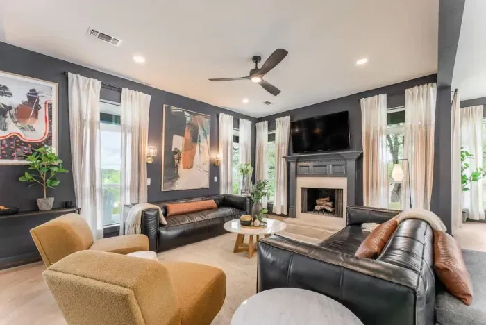 Cozy second living room designed for movie nights relaxation and group gatherings.