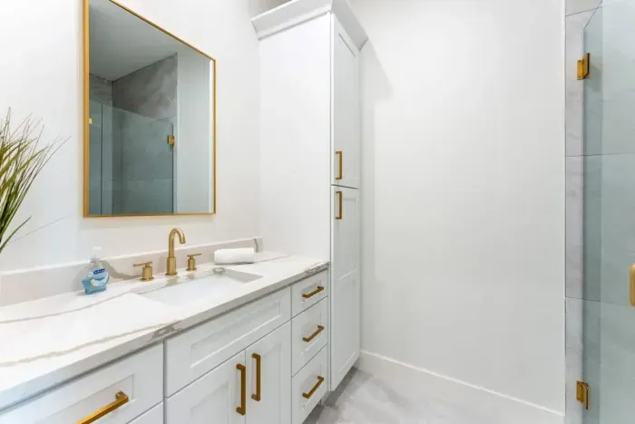 A refined bathroom with polished finishes and serene spa-like ambiance.