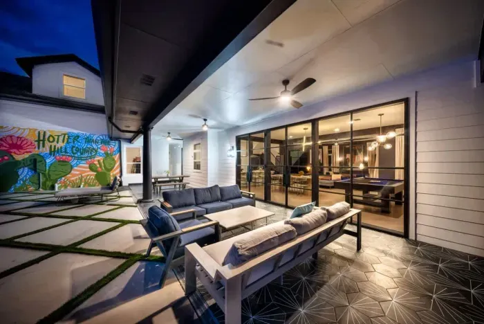 Stylish patio with a modern flair perfect for outdoor dining and evening gatherings.