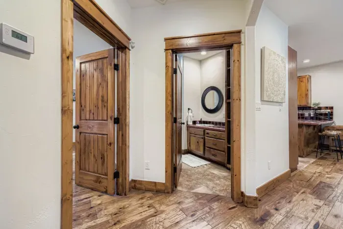 Entry hallway with rustic wood details.