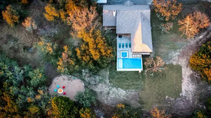 A stunning aerial view showcasing the estate’s private elegance.