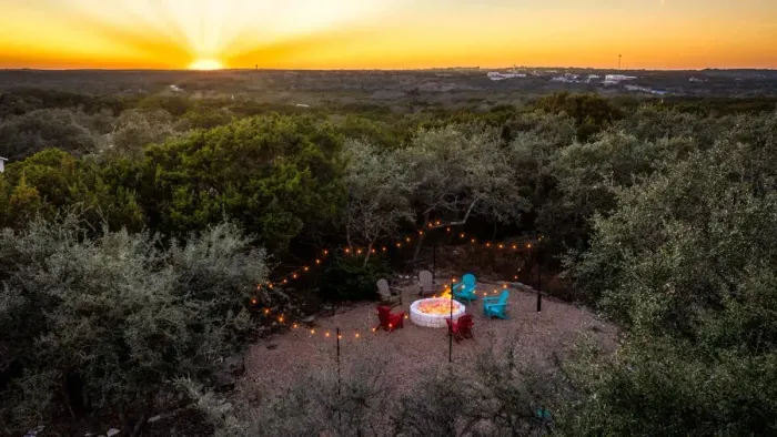 A magnificent aerial perspective revealing a secluded retreat immersed in nature.