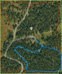 We are always updating the trails!
Red Dash Lines: Future hiking trails (feel free to check them out!)
Blue lines: Existing trails you can hike right out the front door! 
It’s about ½ mile distance with 94ft elevation gain/loss!