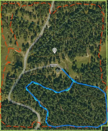 We are always updating the trails!
Red Dash Lines: Future hiking trails (feel free to check them out!)
Blue lines: Existing trails you can hike right out the front door! 
It’s about ½ mile distance with 94ft elevation gain/loss!