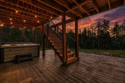 String-lit patio and hot tub lounge...designed for slow evenings and mountain air.