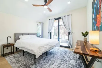 Serene bedroom with calming colors and thoughtfully chosen furnishings.