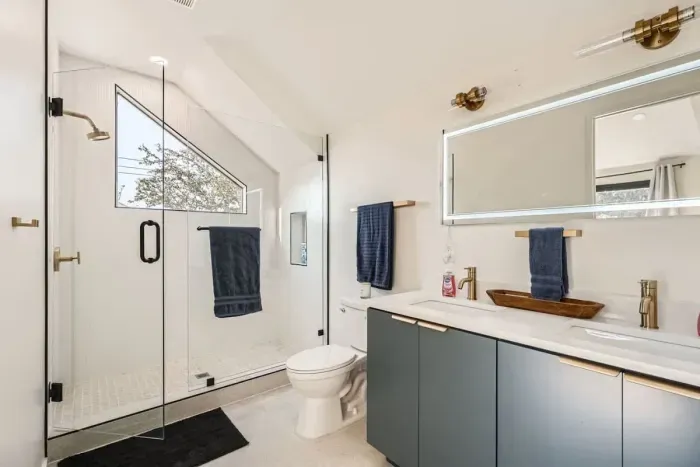 Enjoy a refreshing morning routine in a bright, beautifully designed space.