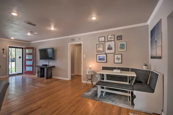 Open floor plan with spacious living area and stylish touches.